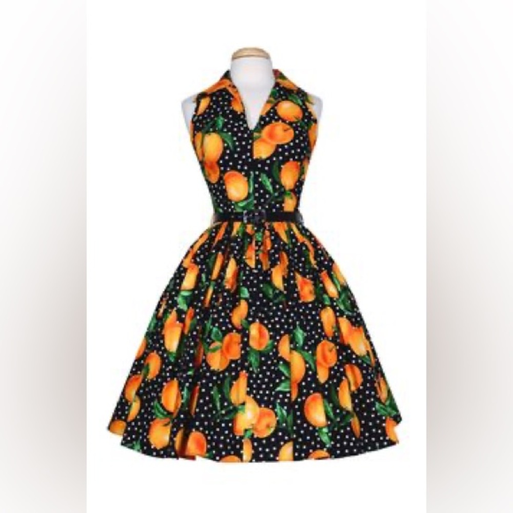 Bernie Dexter Mari 1950s sleeveless summer swing dress in oranges print